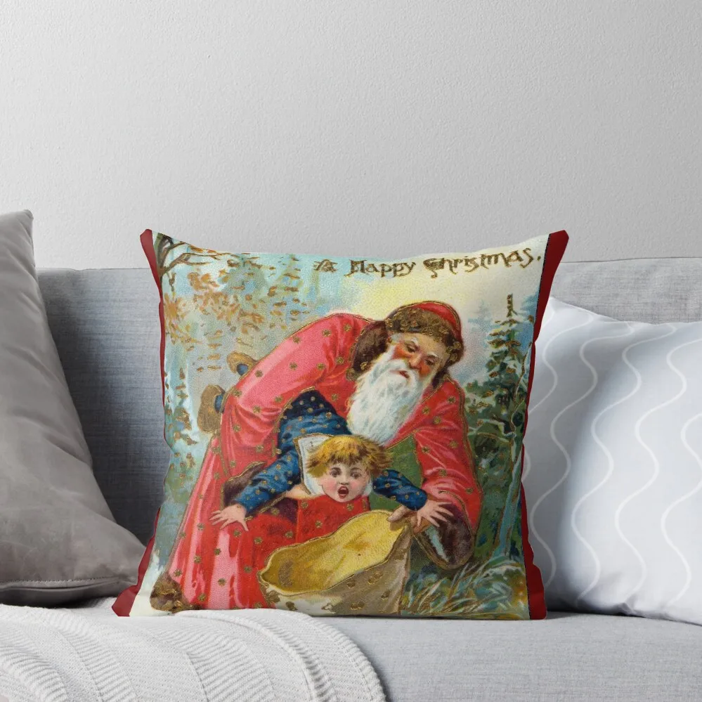 Victorian Santa Stuffing Child into Sack Christmas greeting Throw Pillow Cushions For Decorative Sofa pillow