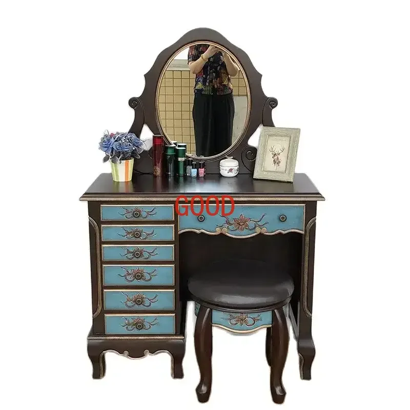 Dressing Table Small Apartment Bedroom Storage Dresser Retro Painted Furniture with Mirror Seven Buckets Dressing Table