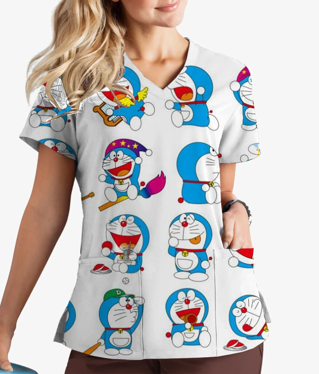 Medical Care Clothes Nurse Uniform Dentist Veterinary Nurse Top Doraemon Print V-Neck Print Scrub Top Women's Summer Clothing