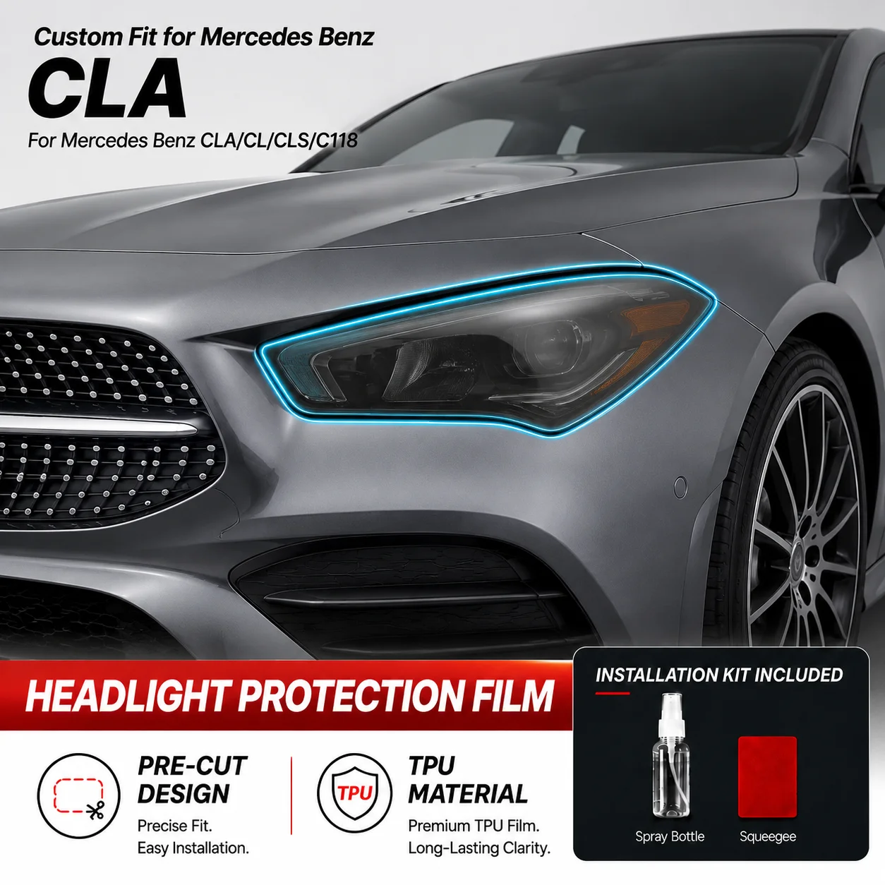 For Mercedes Benz CLA CLE CLS C118 Headlight Protective Film Pre-Cut Smoke Black TPU PPF Vinyl Wrap Protective Kit
