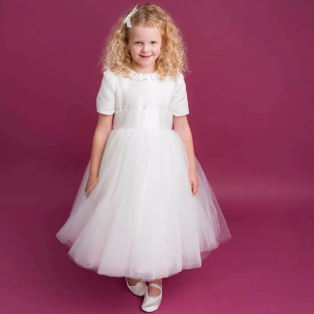 

Customized White Flower Girl Dress Satin Tulle With Bow Belt Short Sleeve For Wedding Birthday Party Banquet Holy Communion Gown