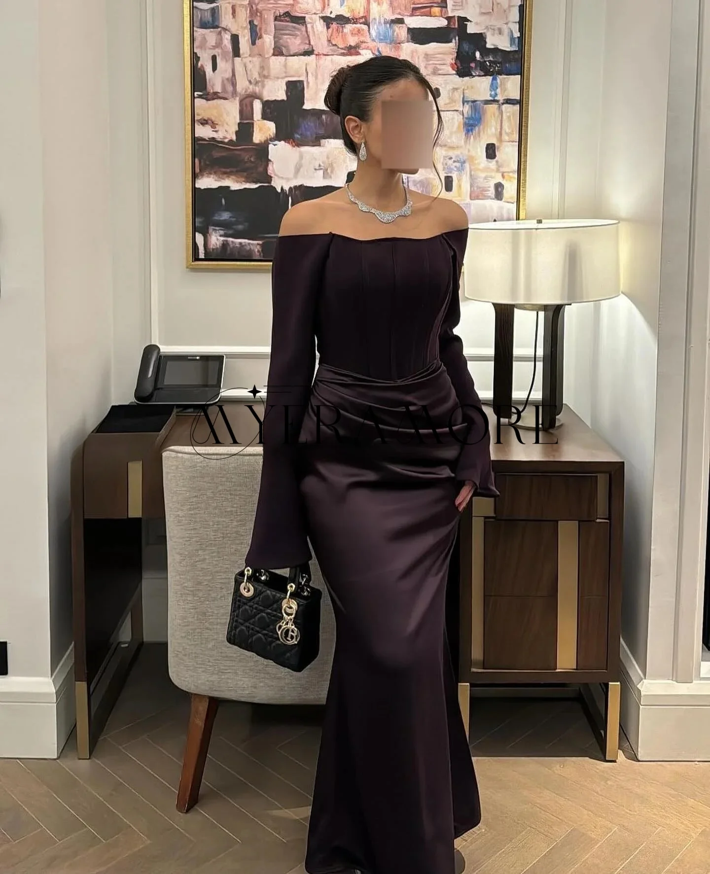 エレガントなオフショルダーイブニングドレス、マーメイドロングスリーブプリーツプロムドレス、カスタムメイドのローブ・ド・ソワレ