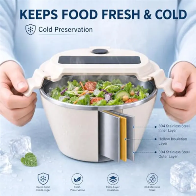 PORK-Salad Bowl Kit,Removable Divided Tray, 2 Dressing Cups, Leak-Proof Airtight, For Lunch, Dishwasher Safe Container