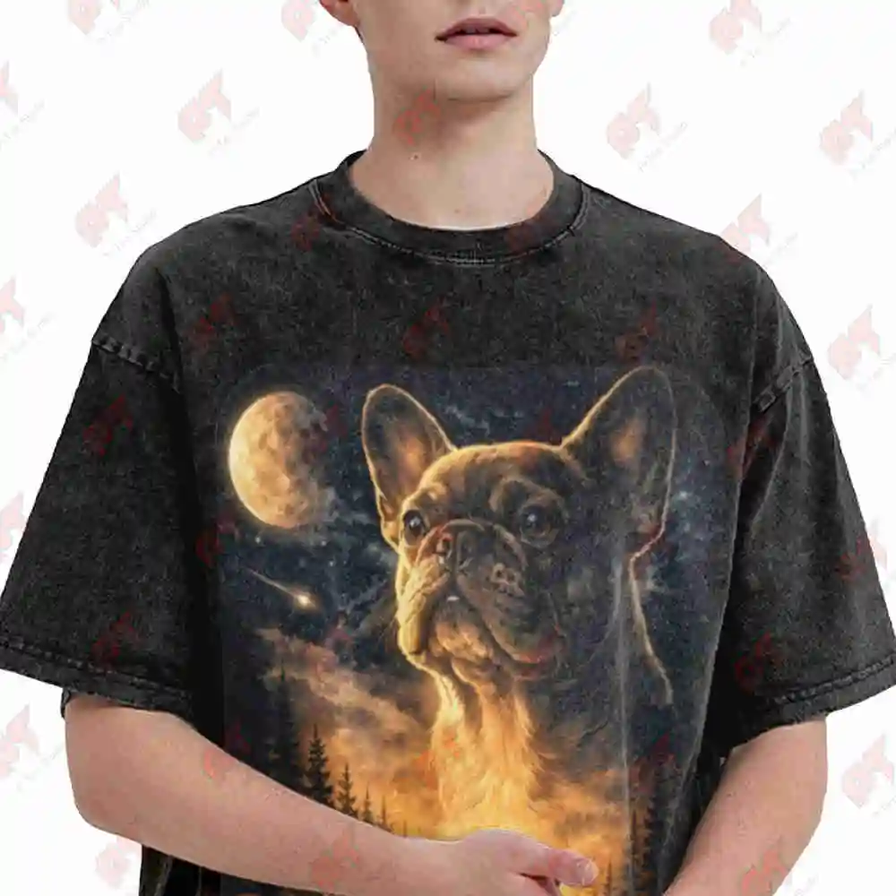 French Bulldog Howling To The Moon Meme 90s Vintage Washed Tee Pure Cotton T-Shirt