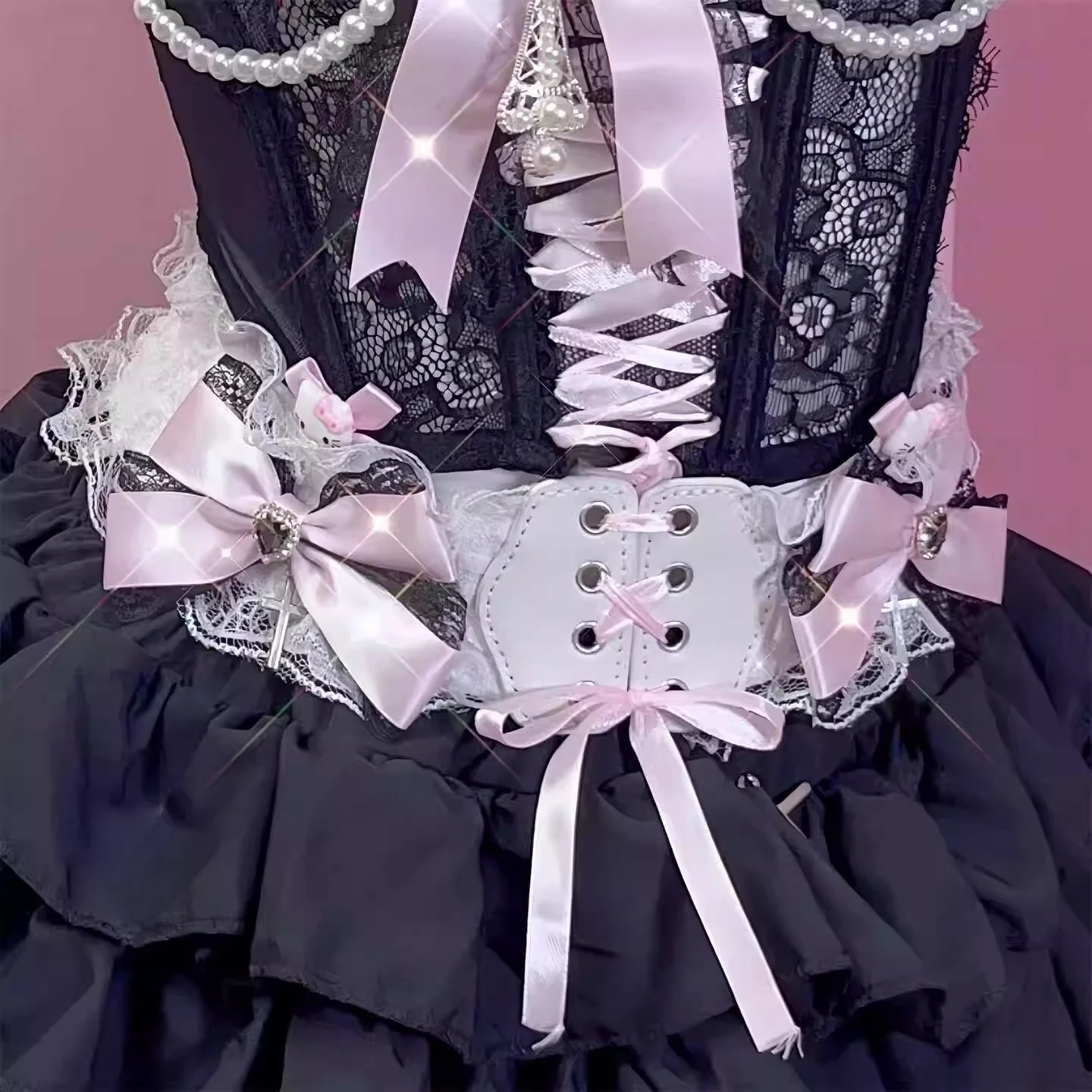 새로운 수제 Y2K 스파이스 걸 코르셋 서브 컬쳐 Bowknot 레이스 보우 벨트 로리타 하라주쿠 스위트 걸 양복 조끼 액세서리