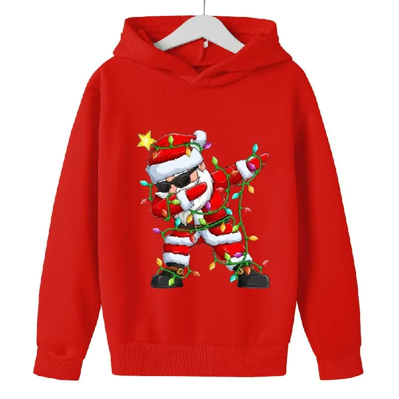 2026 Winter Christmas Sweatshirt Autumn Boys Girls Cartoon Santa Print Pullover Children Clothing Teen Long Sleeve Hooded Tops