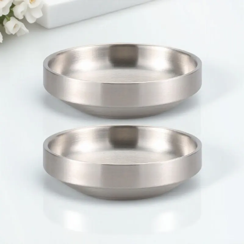 2 Platos Modernos de Acero Inoxidable Estilo Coreano para Salsas y Condimentos, Ideales para Sumergir Alimentos en Aderezos Agridulces, Salsa de Soja, Vinagre, Mostaza y Encurtidos