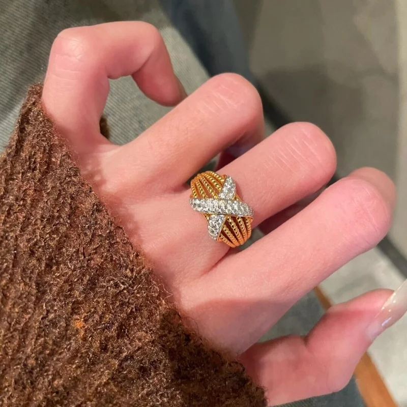 

French Classic Crystal Geometric Stainless Steel Ring Women Personalized Fashionable Adjustable Ring, Jewelry Accessories Gift