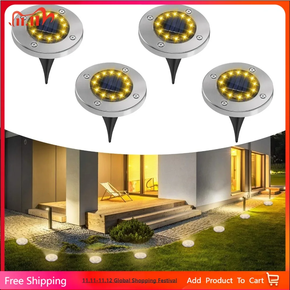 

4 Pack Solar Outdoor Lights 12 LEDs Solar Ground Warm Lights Waterproof Flat Pathway Lights for Yard Walkway Garden Driveway