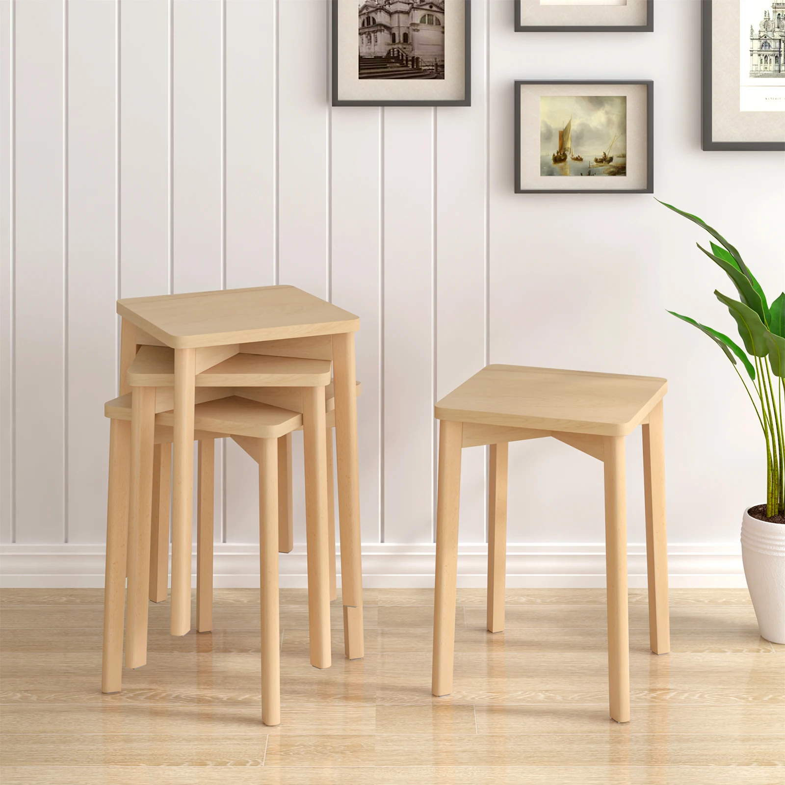WOLTU 2 sedie da pranzo in legno massello impilabili, pouf rettangolari in legno, sgabelli da caffè per cucina, ufficio, soggiorno, camera da letto