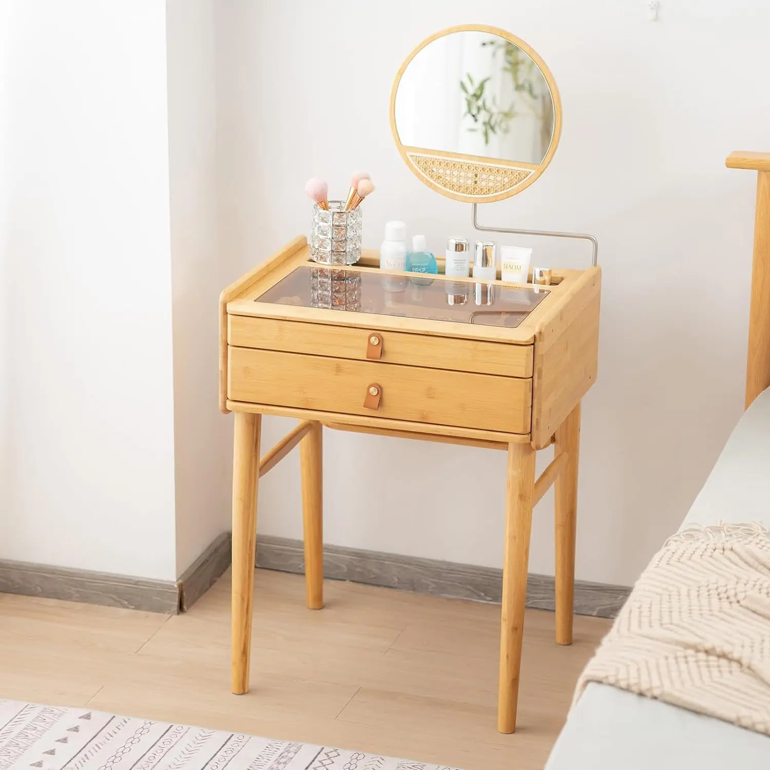 Vanity Desk, Makeup Vanity Table with Mirror, Dressing Table with 2 Drawers,Modern Wood Bedroom Vanity Vintage Dressing