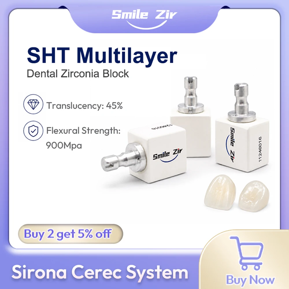 

Smile Zir SHT Multilayer Zirconia Disc 5Pcs 45% Translucency Zirconia Block VITA 16 Colors Sirona Cerec System CADCAM Dental Lab