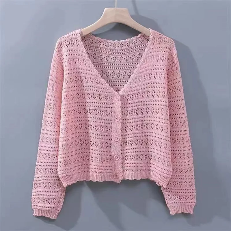 

Summer Ice Silk Sunscreen Cardigan Women Tops Korean Hollow Knitted Cardigans Femmes Long Sleeve V-neck Air Conditioning Shirt