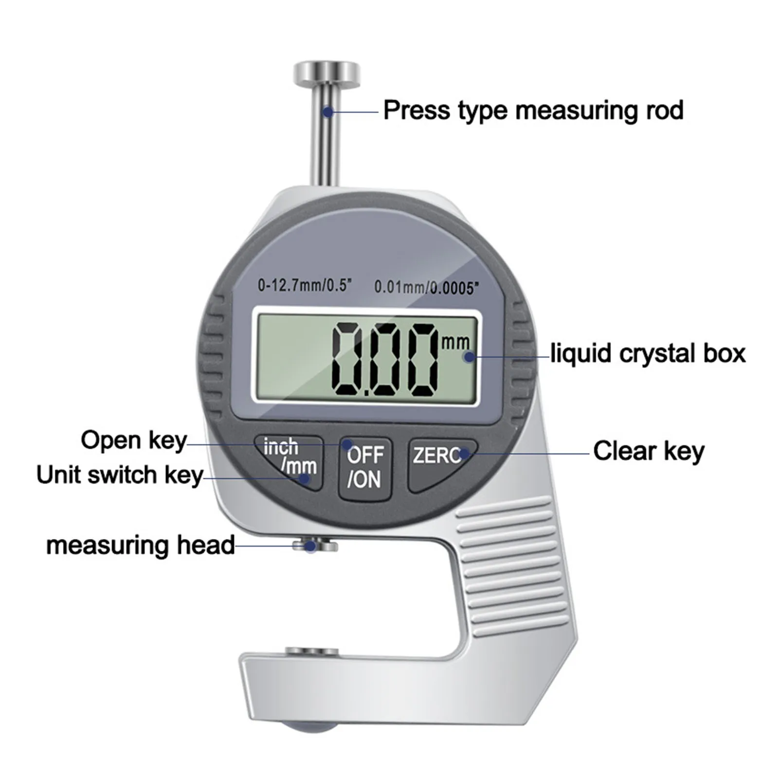 For Material Testing Digital Thickness Gauge Meter 0 to 127mm Portable Press Tool Measurement Instrument