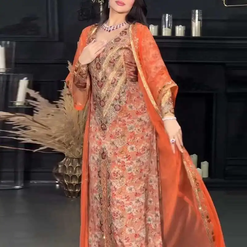 Büro Casual Muster Gedruckt Zwei Stück Set Elegante Lose Party Outfits Frühling frauen V-ausschnitt Robe Kleid Und Lange Strickjacke anzug