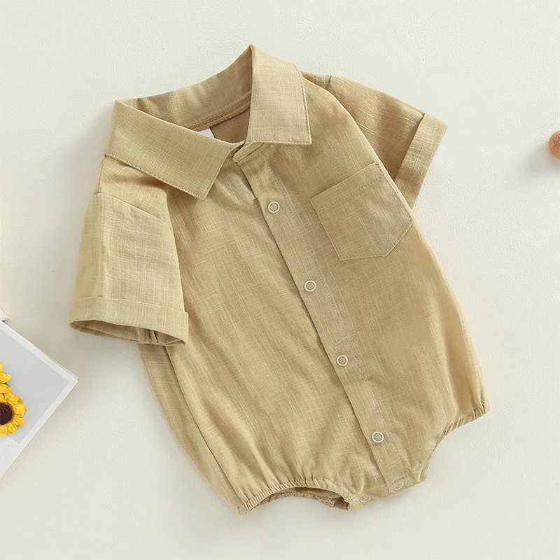 Newborn Baby Boy Cotton Linen Romper Solid Color Lapel Short Sleeve Shirt Romper Button Up Bodysuit with Pocket