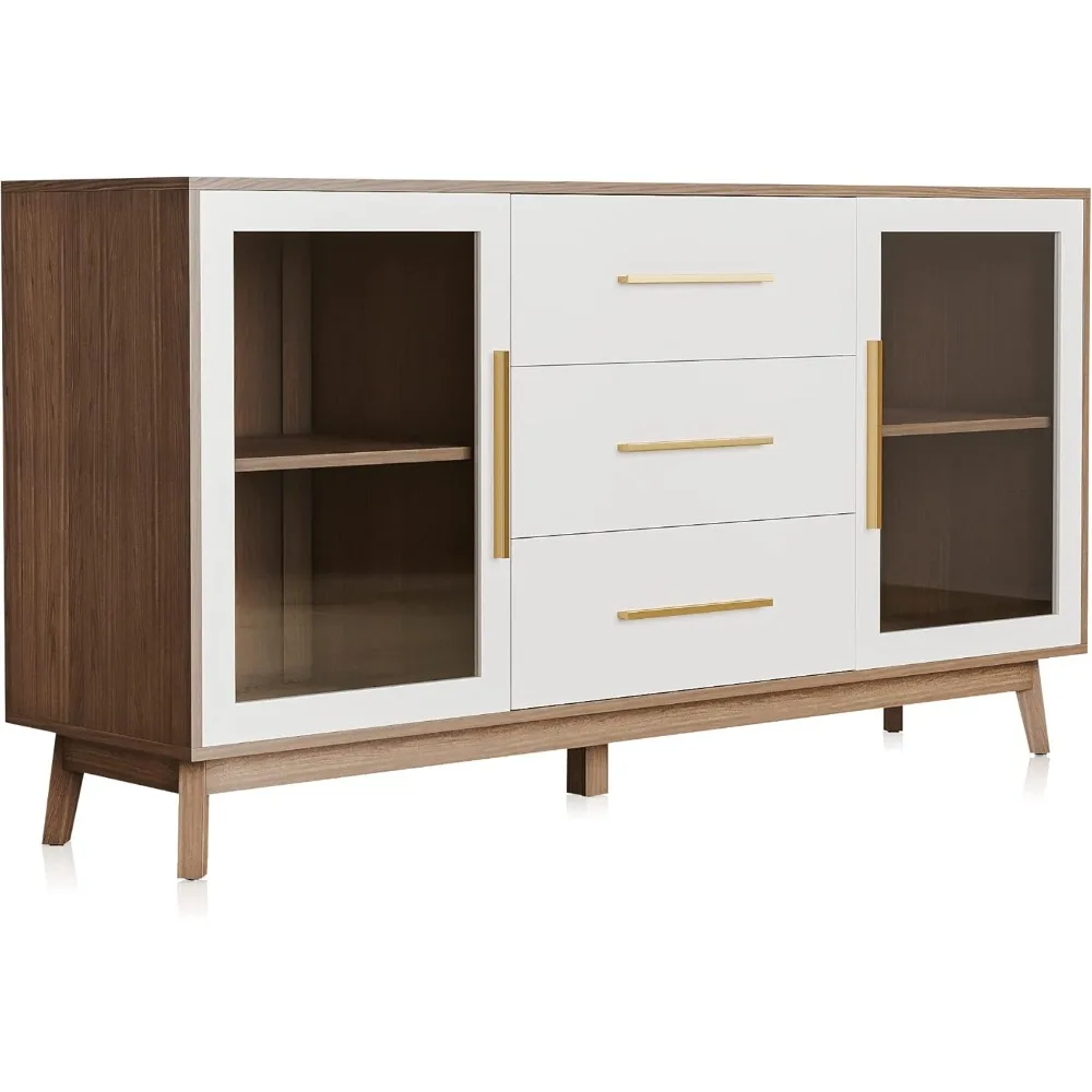 

BELLEZE Sideboard Buffet Cabinet with 3 Drawers & 2 Doors, Console Table for Kitchen Glass Storage Cabinet Coffee Bar Accent