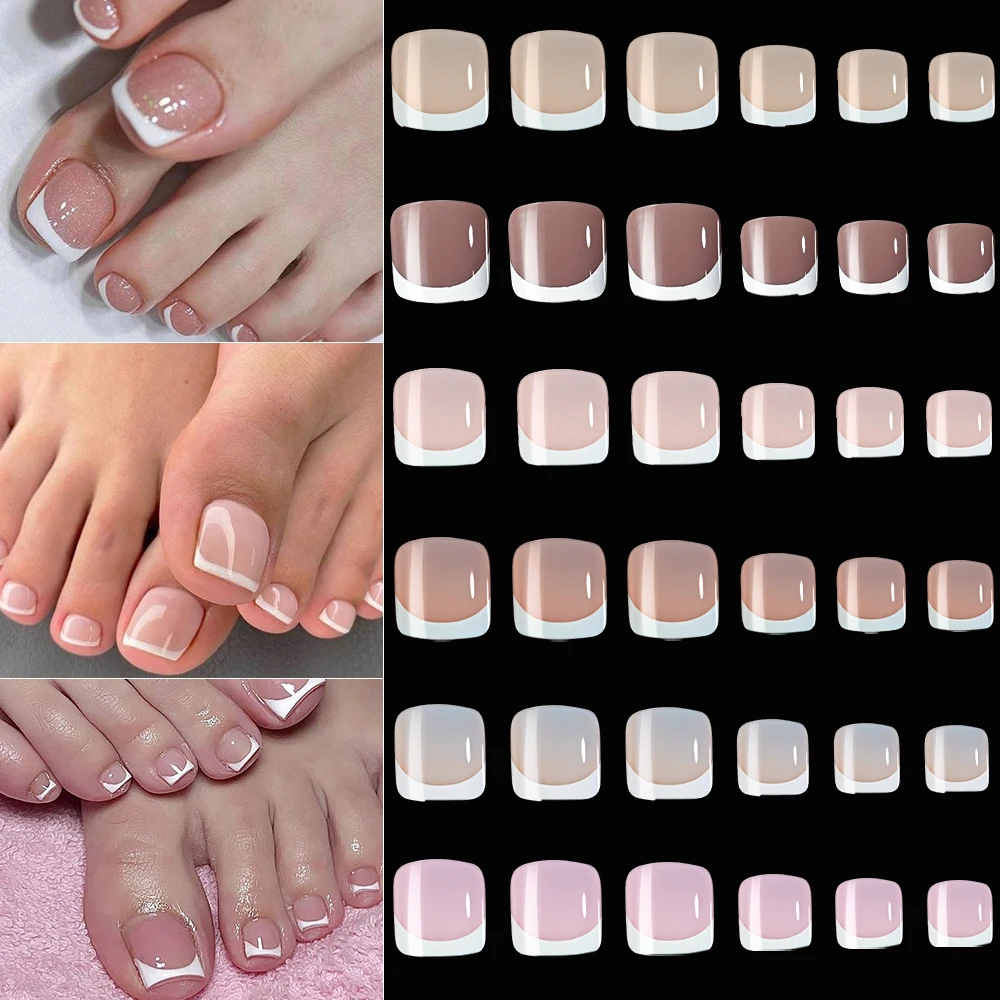 120 pièces en boîte nu rose marron français presse sur les ongles des orteils courts carrés faux ongles conseils brillant couverture complète faux ongles pour les femmes