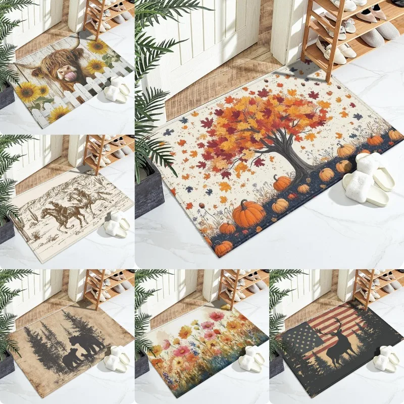 Pumpkin Maple Tree Autumn Fall Leaves Carpet Mat Rug Thanksgiving Washable Non-Slip Home Decor for Bathroom Kitchen Indoor