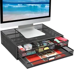 Monitor Stand with Drawer Monitor Riser Mesh Metal Desk Storage Box Organizer Computer Stand for Laptop Printer Cooling Bracket