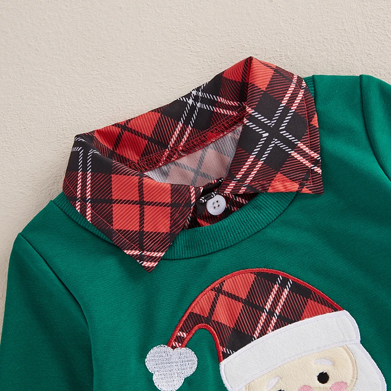 Toddler Boys Christmas Sweatshirt Plaid Santa/Reindeer Long Sleeve Lapel Neck Casual Two Fake Piece Pullover Tops