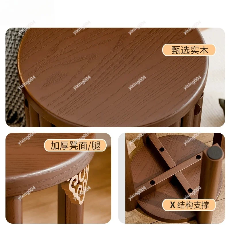 Stackable Solid Wood Round Stool with Casters Portable Dining Seat Storage Chair for Home Living Room Kitchen