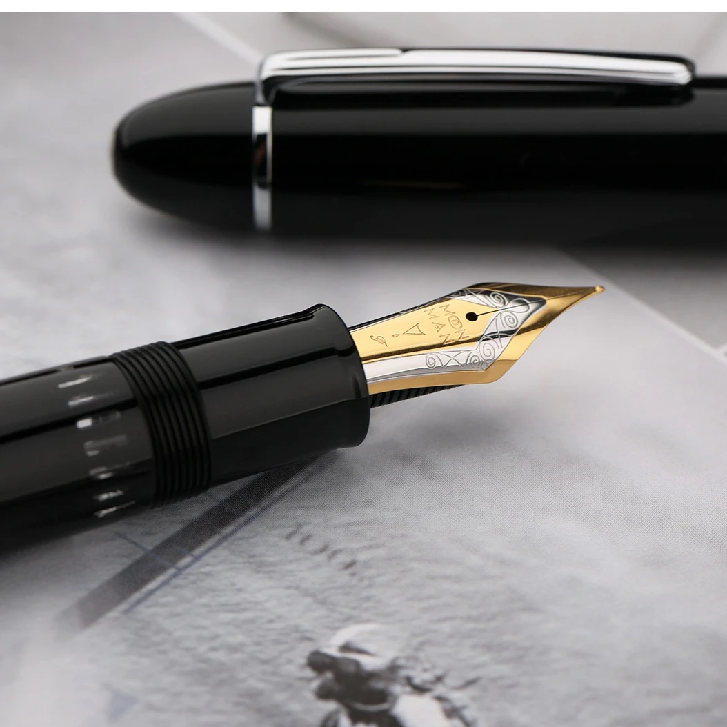 Majohn P141 Large Resin Piston Fountain Pen NO.8 Fine Nib,Ink Window Writing Gift Pen Germany Design Silver / Gold Trim
