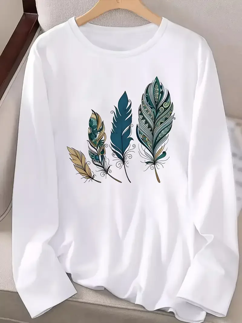 Modisches Blumen-Baum-Blatt-Kunstdruck-Shirt, lustiges T-Shirt für Damen, lässiges Langarm-T-Shirt mit Rundhalsausschnitt, T-Shirt