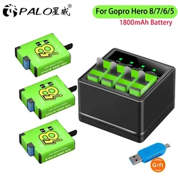 PALO for GoPro 8 Batteries 1800mAh Replacement Battery + 4 Slots LED Type-C Charger for Gopro Hero 7 6 Bateria Go Pro 5 Camera
