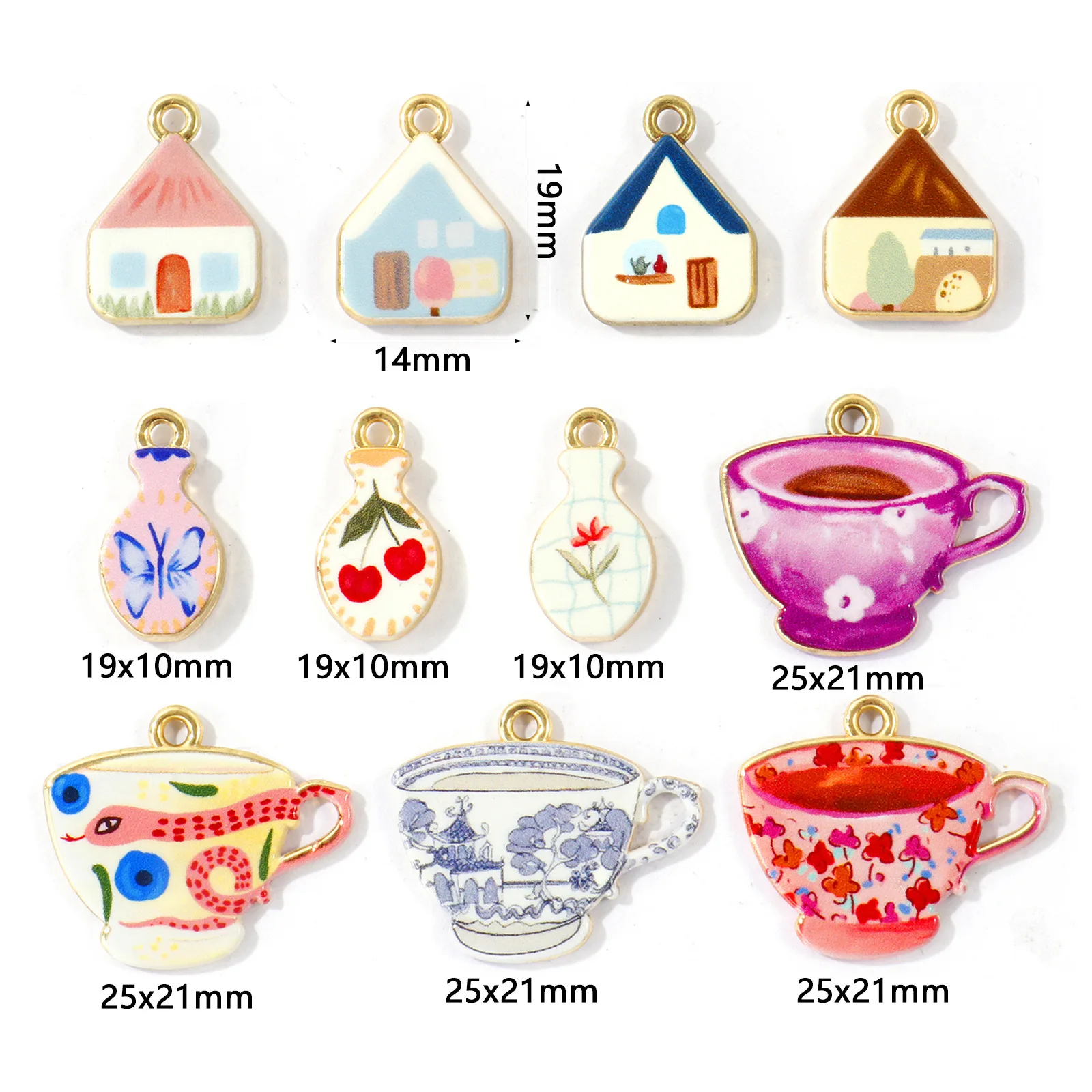 5 Stück Zinklegierungs-Anhänger, Teetassen-Haus, beidseitig bedruckt, vergoldet, für DIY-Halsketten, Schmuckherstellung, Großhandel – Detail 1