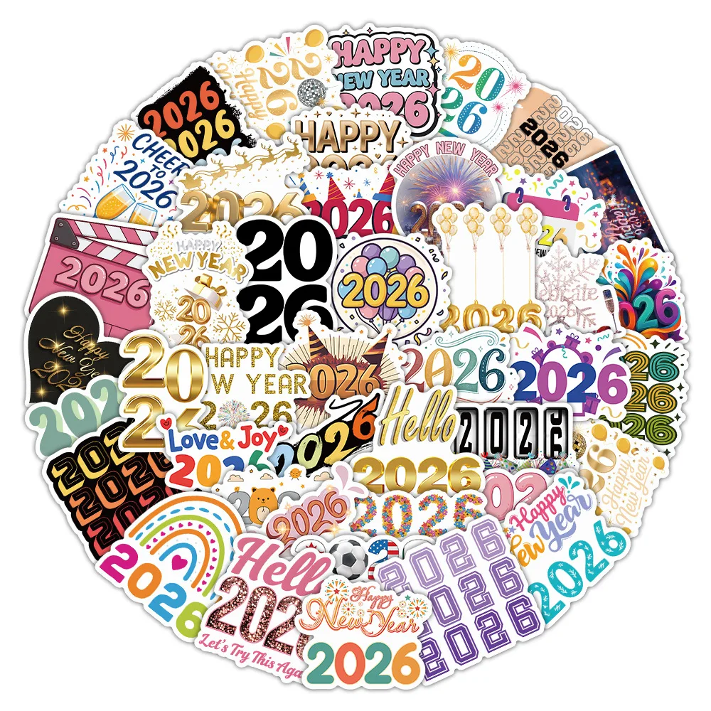 54 قطعة الكرتون 2026 سنة جديدة سعيدة ملصقات أرقام رسائل الكتابة على الجدران الديكور دفتر حقيبة الغيتار الثلاجة الشارات اللعب