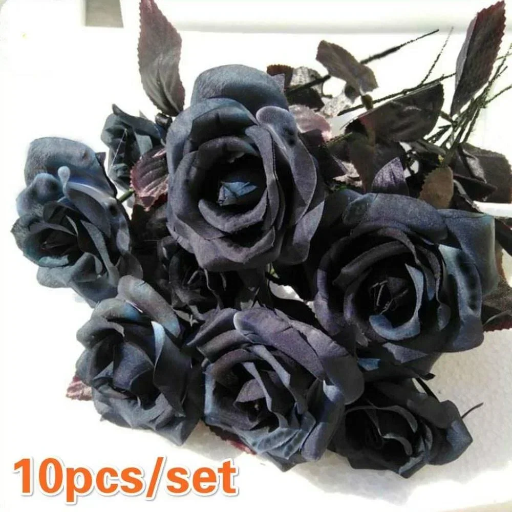 10 unids/set ramo de rosas negras artificiales Halloween simulación casera rosa negra flor falsa Par de boda