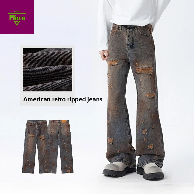 

【Mirrordust】Американские потертые джинсы в стиле ретро для мужчин и женщин, молодежные потертые прямые брюки с градиентом, универсальные американские широкие брюки Pa