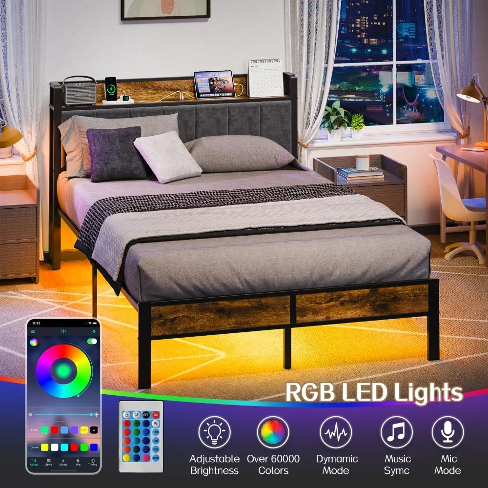 

LED Twin Bed Frame with Storage Charge Station Headboard, Metal Platform Bed No Box Spring Required, Easy Assembly, Noise Free