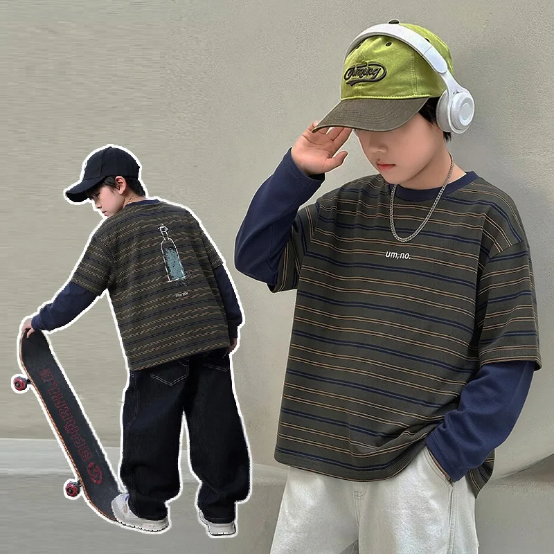 RAISE Autumn Kids Boys Fake Two Piece Tops 2026 Children Boys Contrast Striped Long Sleeves Young Teenagers Boys Simple T-shirts