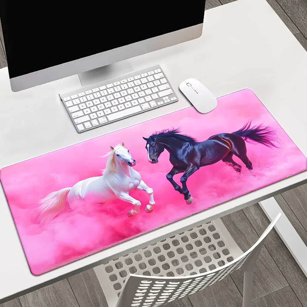White and Black Horse Pink Smoke Extended Gaming Mouse Pad Large Anti-Slip Desk Mat for Office PC