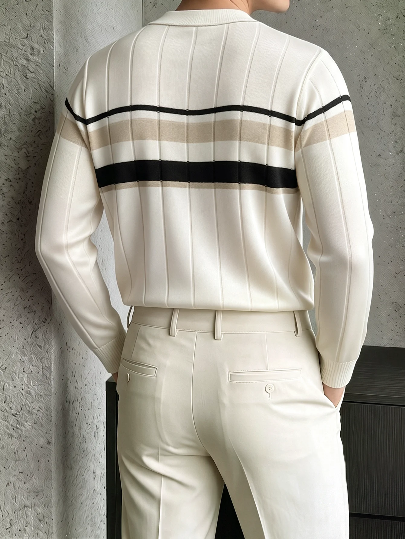 Vertikal geripptes Herren-Polohemd mit Streifen, langärmelig, mit Reverskragen, schmal geschnitten, lässig, für Business-Anlässe, Herrenoberteil, Polera Hombre – Detail 3
