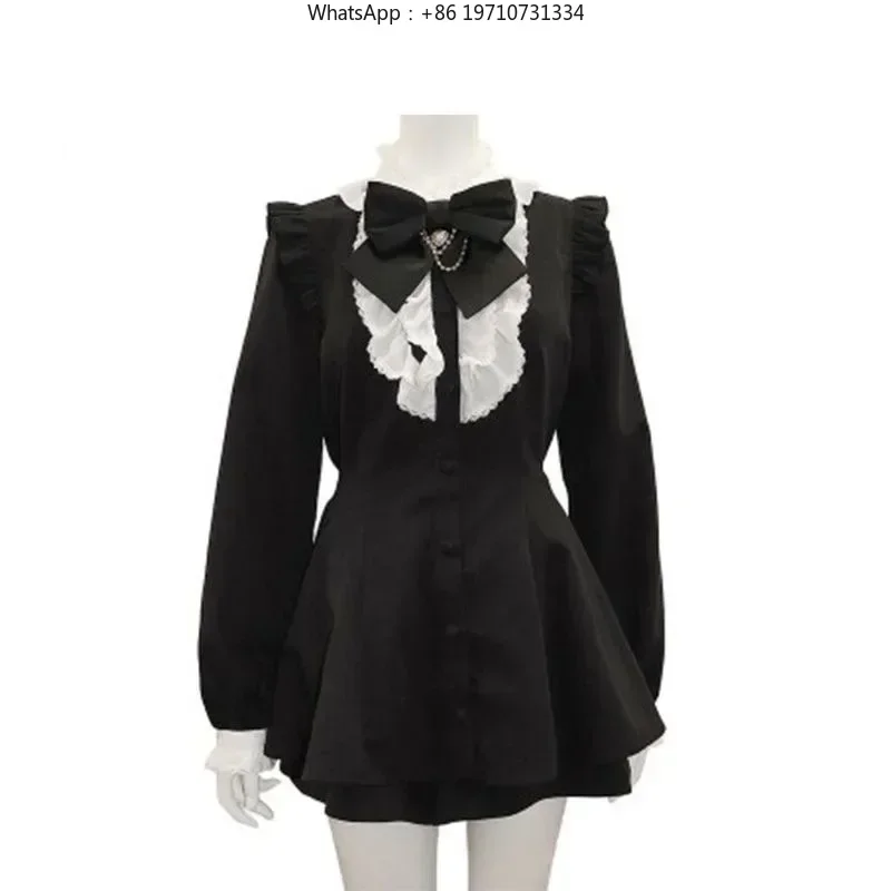 Women Lolita Plaid Bow Dress and Shorts 2 Piece Set Gothic Lace Ruffles Y2K Japanese Party Outfit
