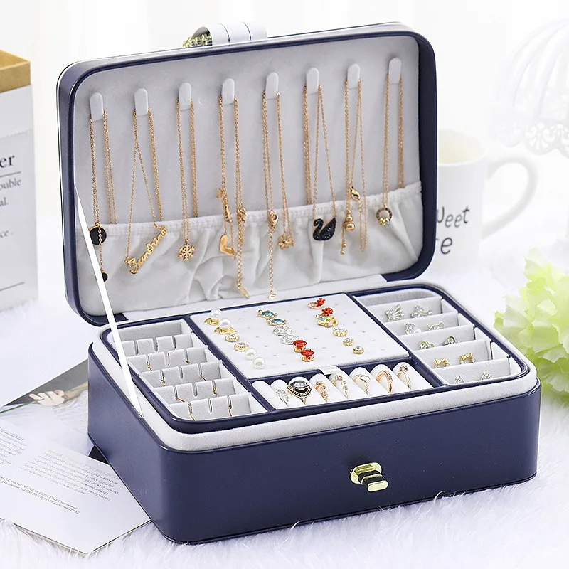 Double Layer Jewelry Box Organizer Large Capacity PU Leather Storage Ring Box Earrings studs Jewelry Display Jewelry Packaging