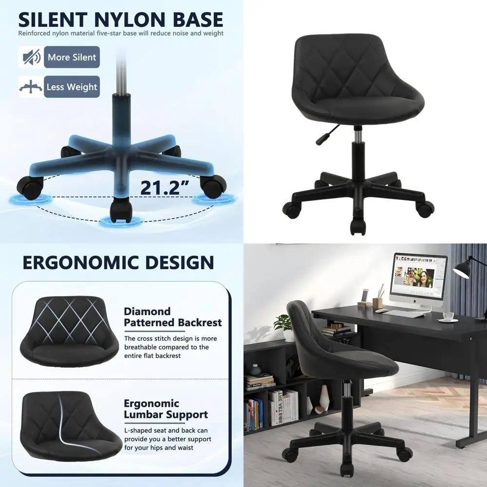 

Ergonomic PU Leather Swivel Stool with Adjustable Height, Rolling Desk Chair for Office, Makeup, and Spa, Black