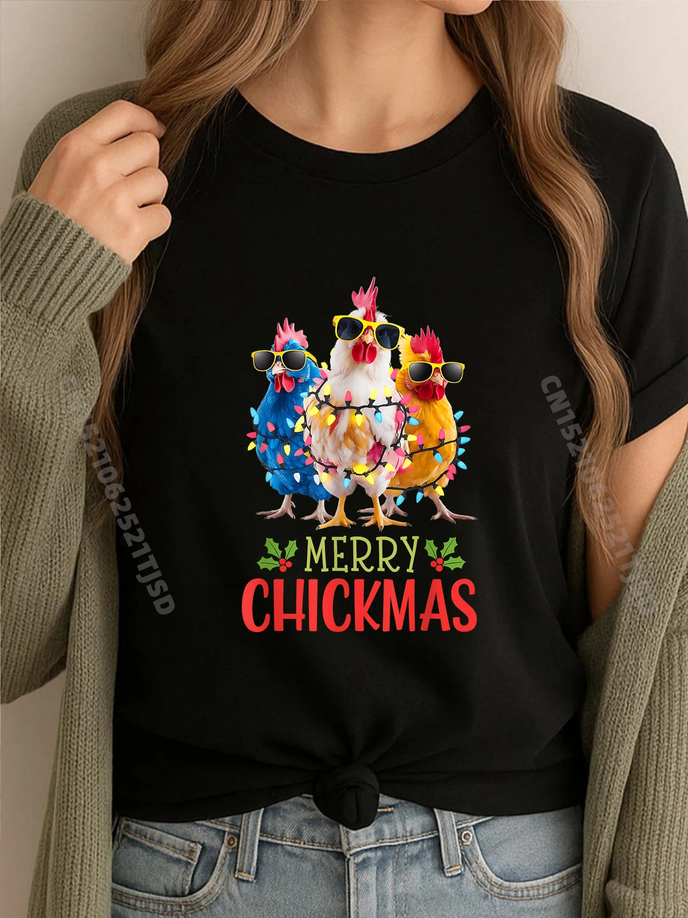 

Merry Chickmas Ornament Lights Chicken Farmer Christmas Woman T Shirts High Quality Male Sale T-shirt Washed Japan Style