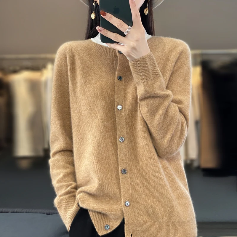 New fashion spring women\'s O-neck elegant cardigan sweater 100% Merino wool solid cashmere knitted women\'s clothing top