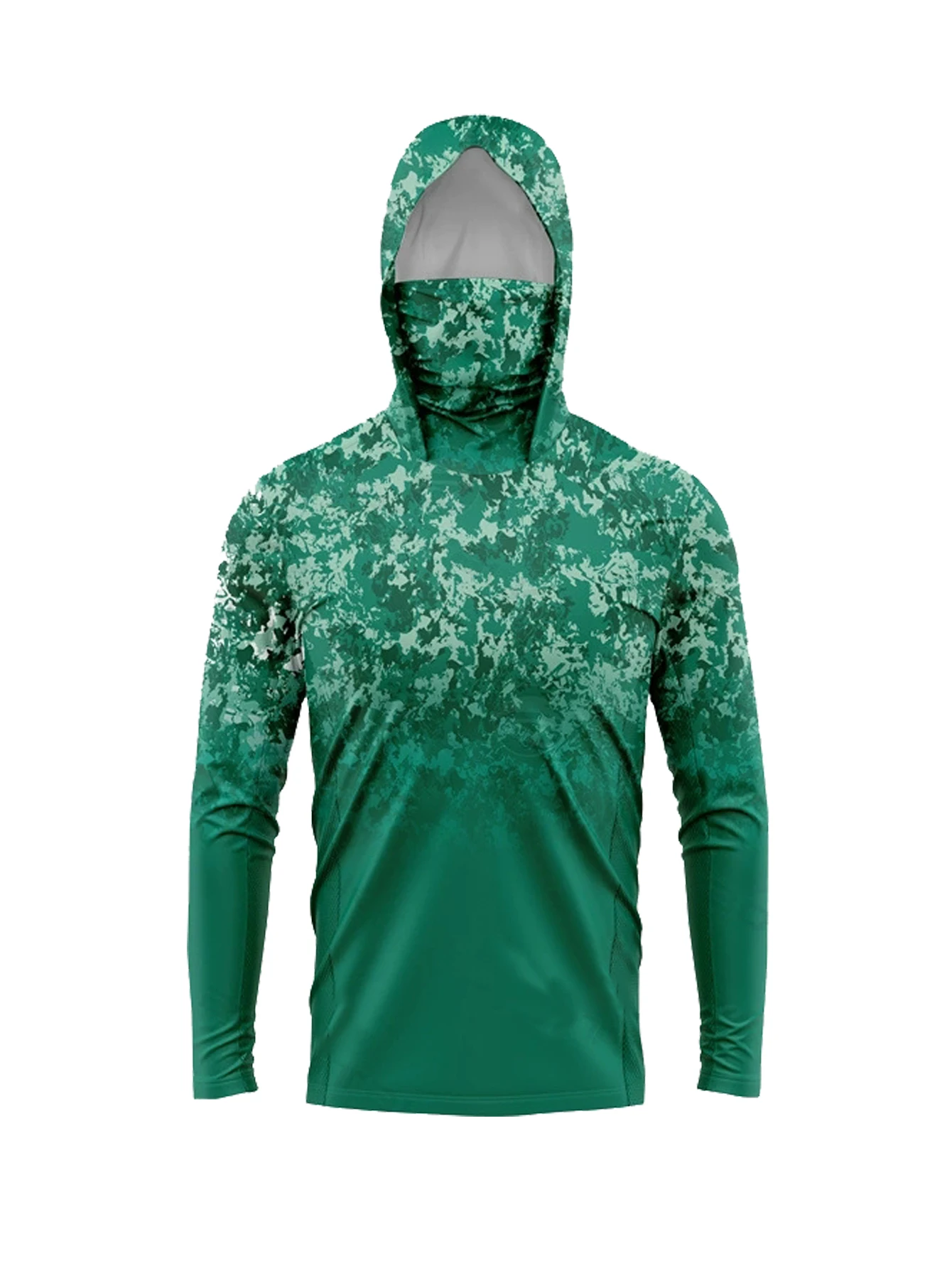 Men's Green Gradient Digital Camouflage Fishing Hoodie Sunscreen Long Sleeve Shirt Mask Quick Drying Outdoor Fishing Top