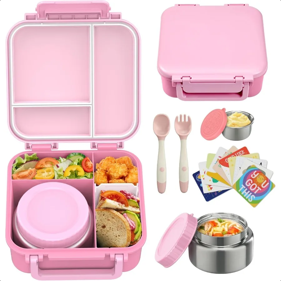 

Bento Lunch Box with 9oz Soup Thermo Leakproof Lunch Food Containers 4 Compartment with Insulated Hot Food Jar for Kid Toddler