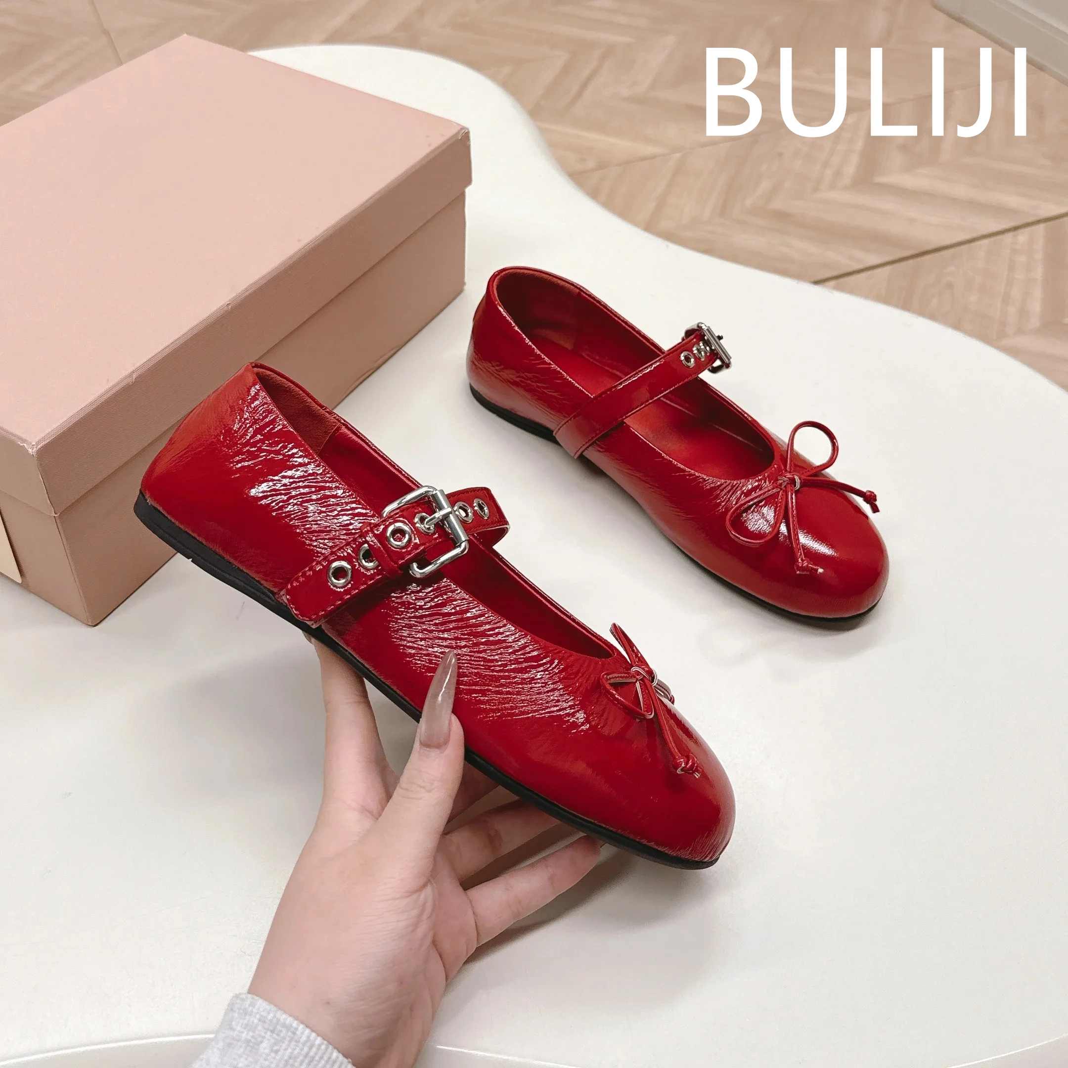 

Shoes Women Genuine Leather Ballet Flats Mary Janes Butterfly Knot Round Toes Buckle Strap Designer Shoes Zapatillas De Mujer