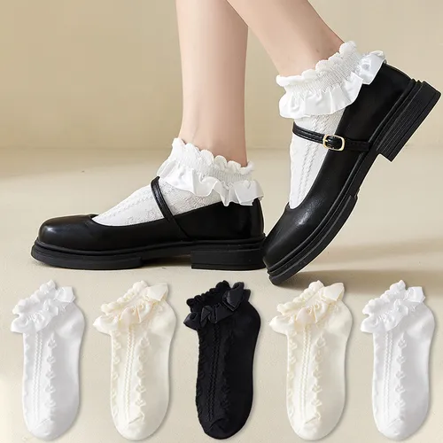 JK Lolita calcetines de encaje con volantes Color sólido negro blanco Beige calcetines cortos mujeres estilo japonés dulce niñas Kawaii lindos calcetines tobilleros