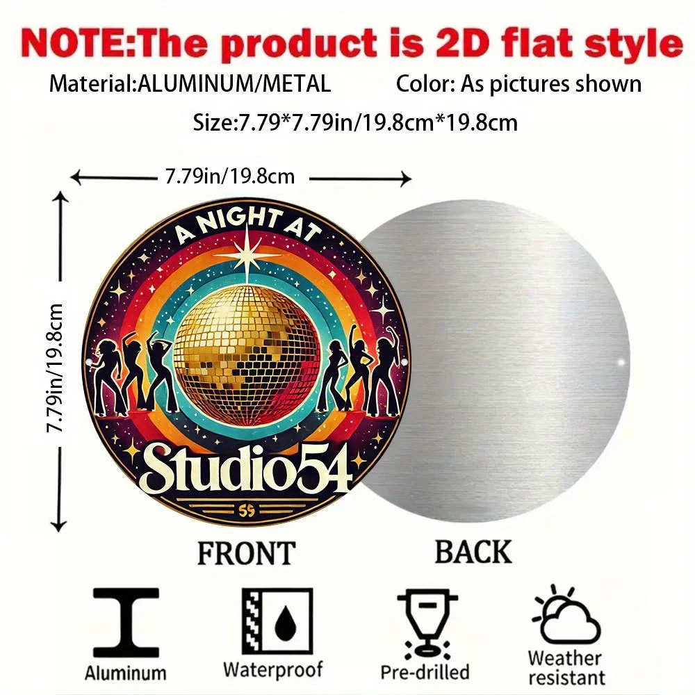 2D Flat, Vintage 1970s Studio 54 Disco Wall Art Sign - 7.8x7.8 Inch Retro Aluminum Round Plaque with Vibrant Reflective Disco Ba
