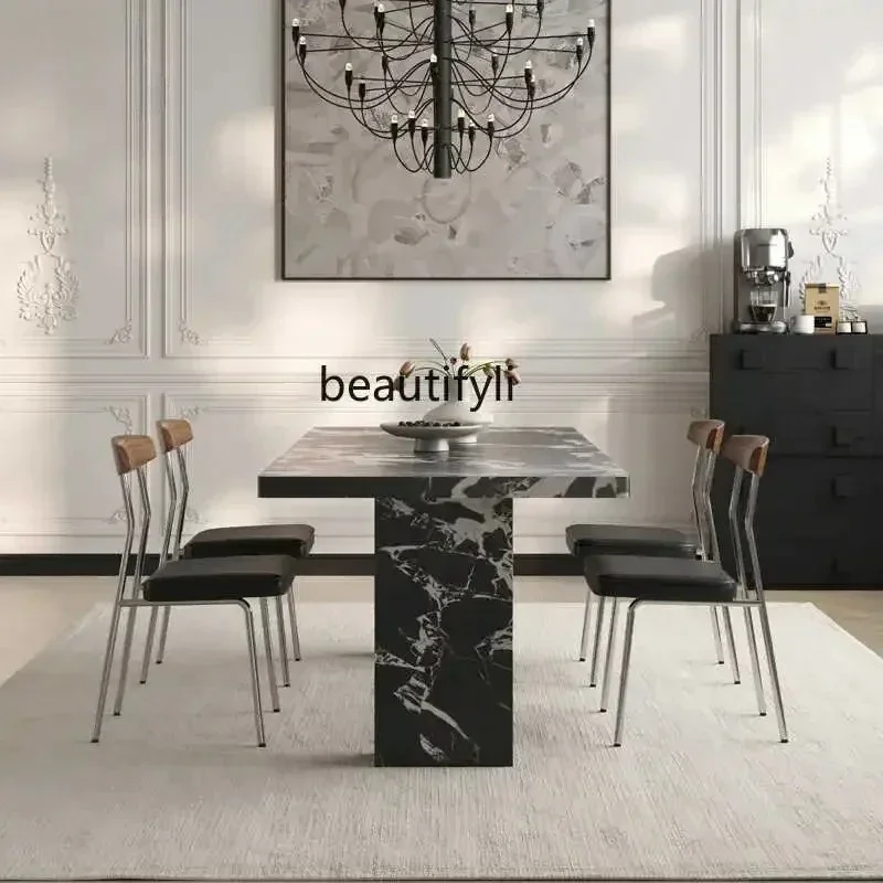 54Retro wind rock slab dining table Household high-end rectangular dining table Black rock slab dining table