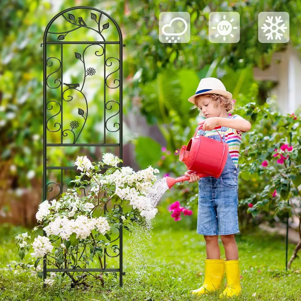 Pair of 87 x 20 Rust-Resistant Black Metal Garden Trellises with Daisy & Bird Design