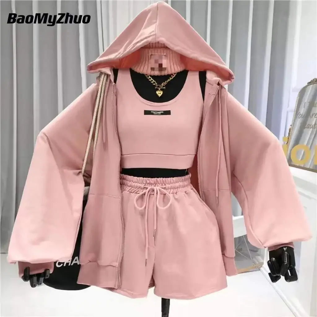 

Casual Shorts Three 3 Piece Sets Women Vest Drawstring Shorts Hooded Zipper Jacket Sportswear Suits Female Solid Sports Hoodie